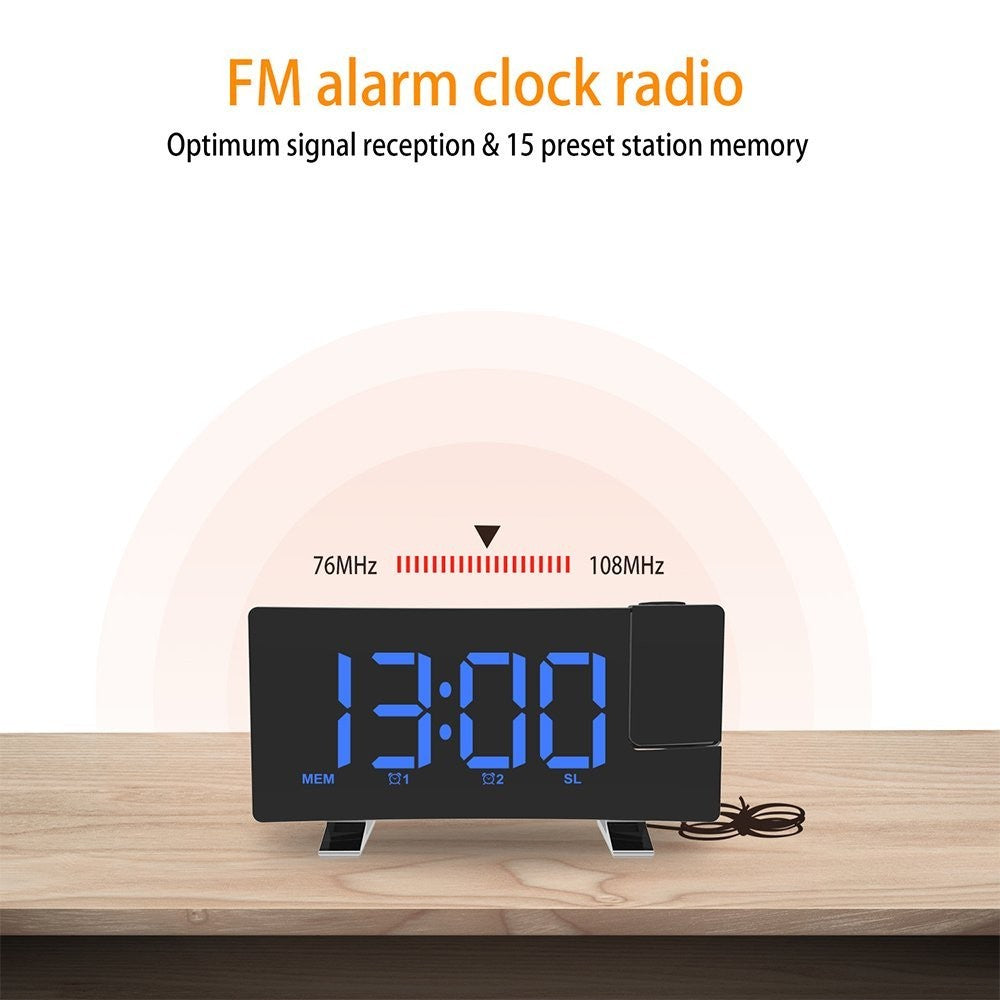 LED Digital Alarm Clock – Radio Projection Clock with Curved Screen & Dual Alarms