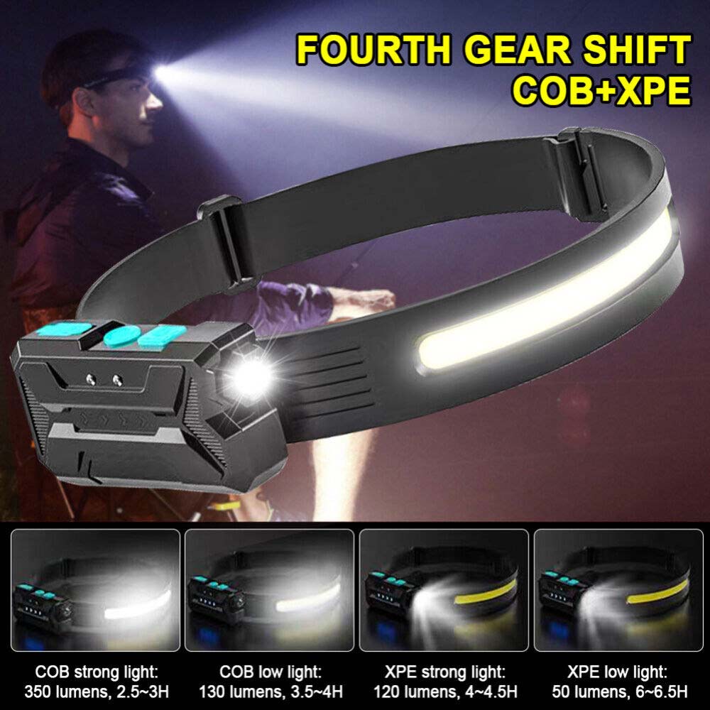 COB LED Headlamp Motion Sensor Head Torch Light USB Rechargeable Headlight