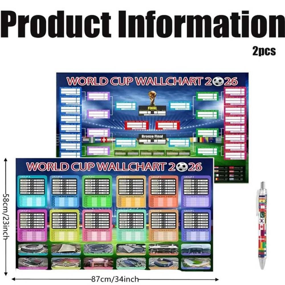 2026 World Cup Wall Chart – 2-Pack 87×58cm Foldable Football Schedule Poster