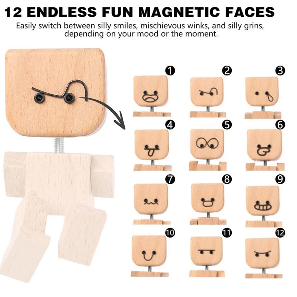 Magnetic Expression Shaking Wooden Man - 12 Fun Face Car Dashboard Decor