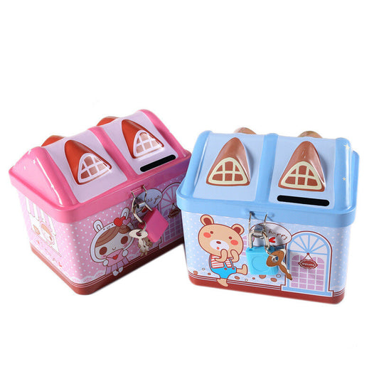 Boys Girls House Model Kids Money Piggy Bank Coin Saving Cash Tin Metal Box Unicorn