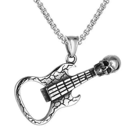 Rock Music Skull & Guitar Pendant Necklace | Stainless Steel Hip Hop Biker Jewelry for Men & Women