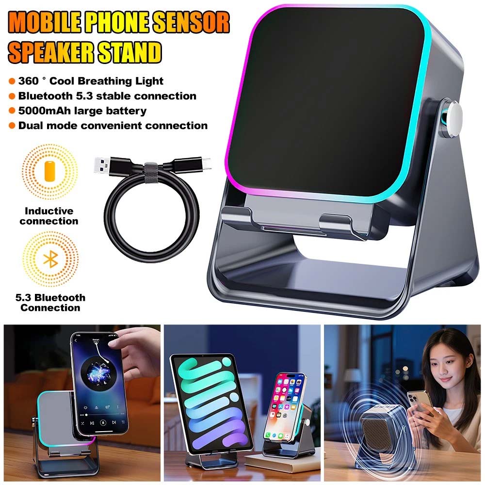 Mini Induction Speaker with Phone Stand - 5-in-1 Wireless Bluetooth Audio & Light