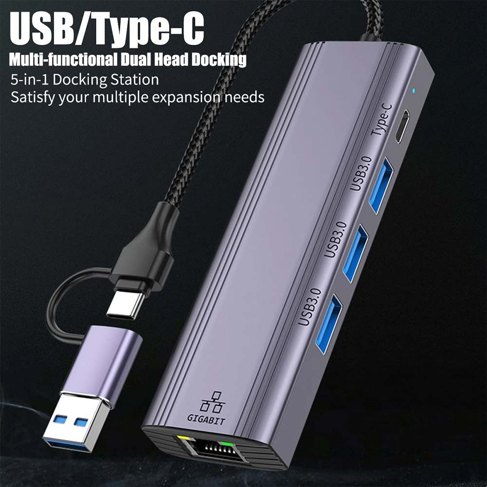 5-in-1 USB C to Gigabit Ethernet Adapter - 1000Mbps RJ45 LAN with 3 USB 3.0 Ports