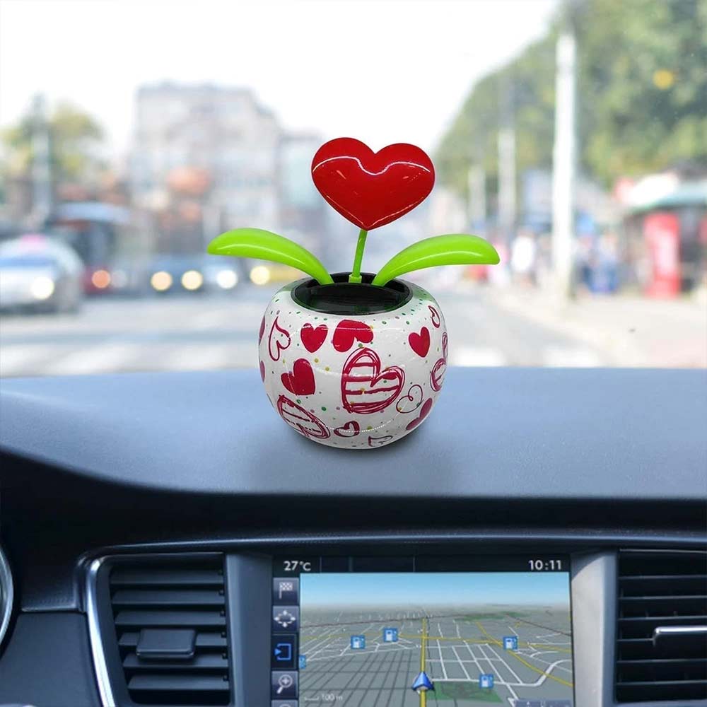Red Solar Dancing Flower - Heart Swing Figurine Car Decor Toy, Solar Powered