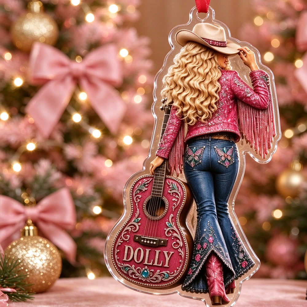 2D Dolly Parton Ornament – Acrylic Pink Fringe Guitar Christmas Decoration