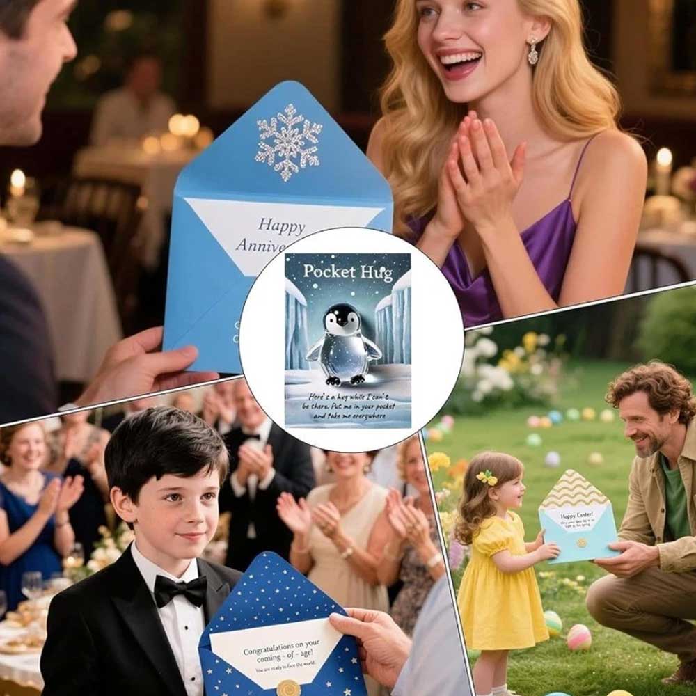 Pocket Turtle Penguin Crystal Pocket Hug Card - Heartwarming Keepsake Gift for Friends & Loved Ones