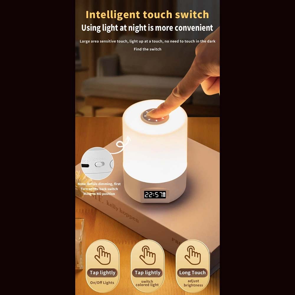 Touch Control LED Night Light with Digital Clock - Bedside Bedroom Lamp, Adjustable
