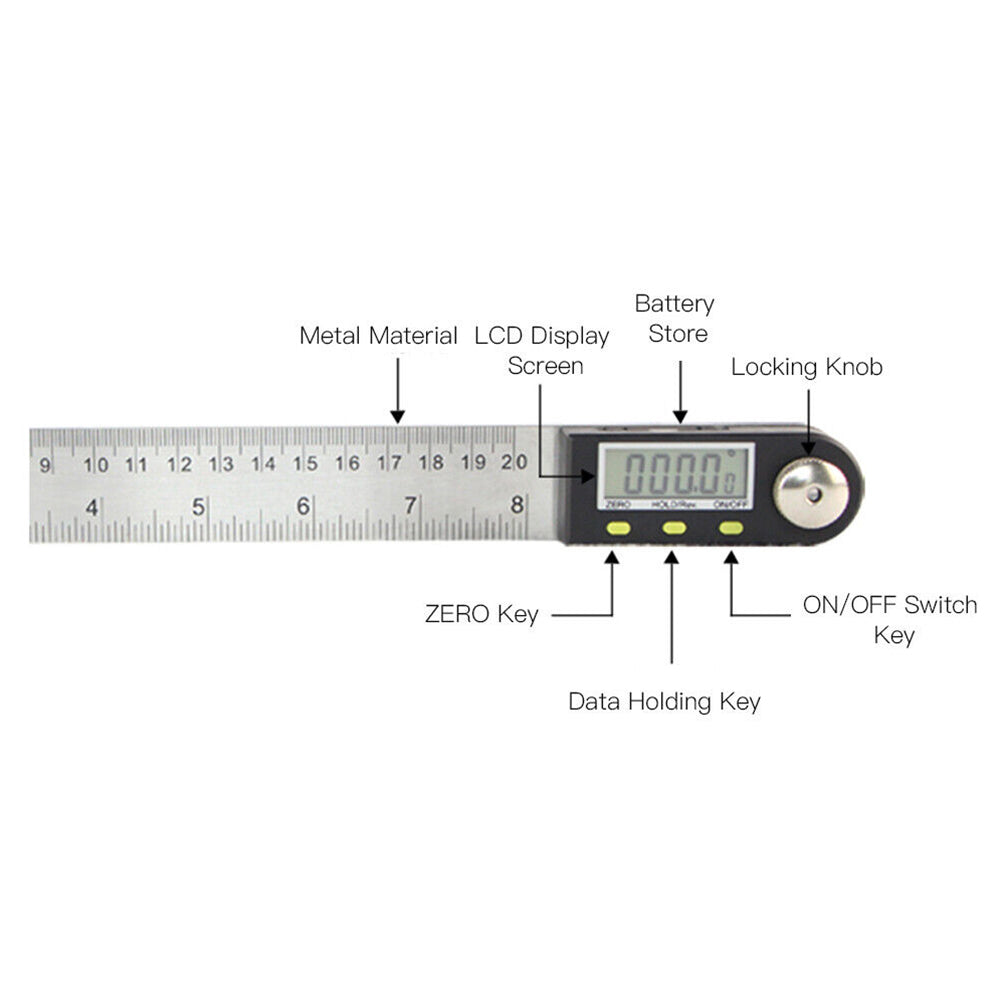 200mm 360° Stainless Steel Electronic Protractor Digital LCD Display Angle Ruler