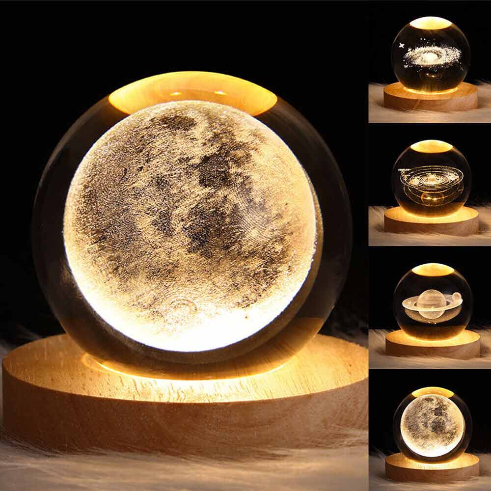 3D Moon Night Light Planet Globe Galaxy LED Crystal Ball Table Lamp Bedside USB