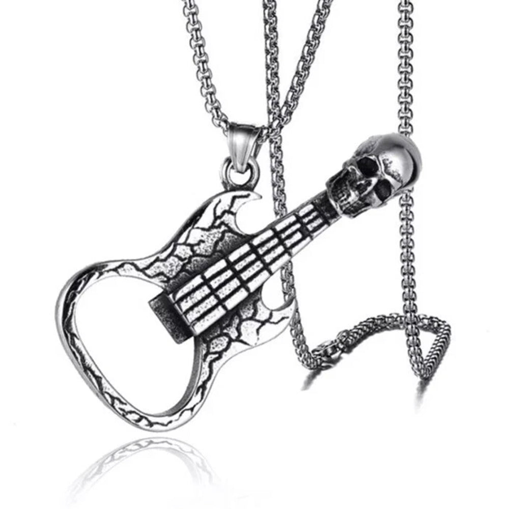 Rock Music Skull & Guitar Pendant Necklace | Stainless Steel Hip Hop Biker Jewelry for Men & Women