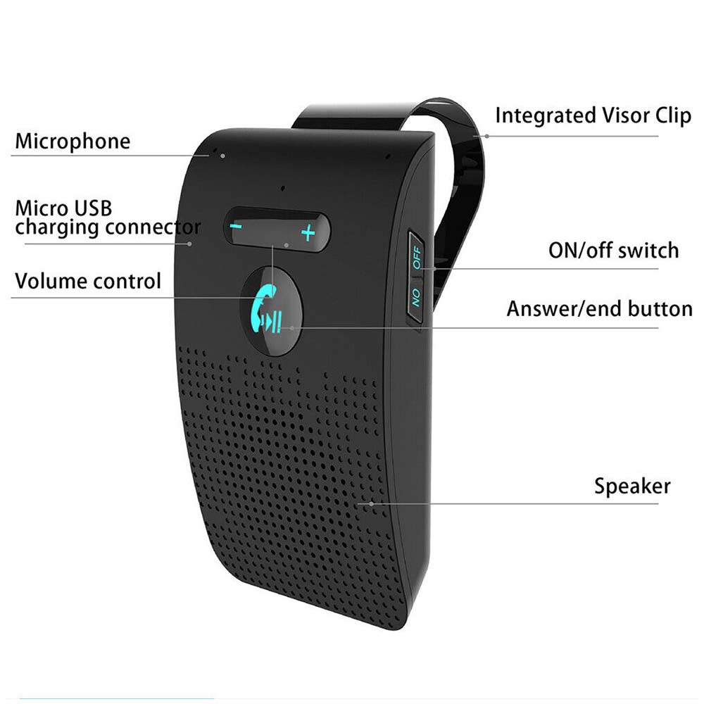 Wireless Car Bluetooth4.2 Handsfree Car Kit Speaker Phone Sun Visor Clip Black