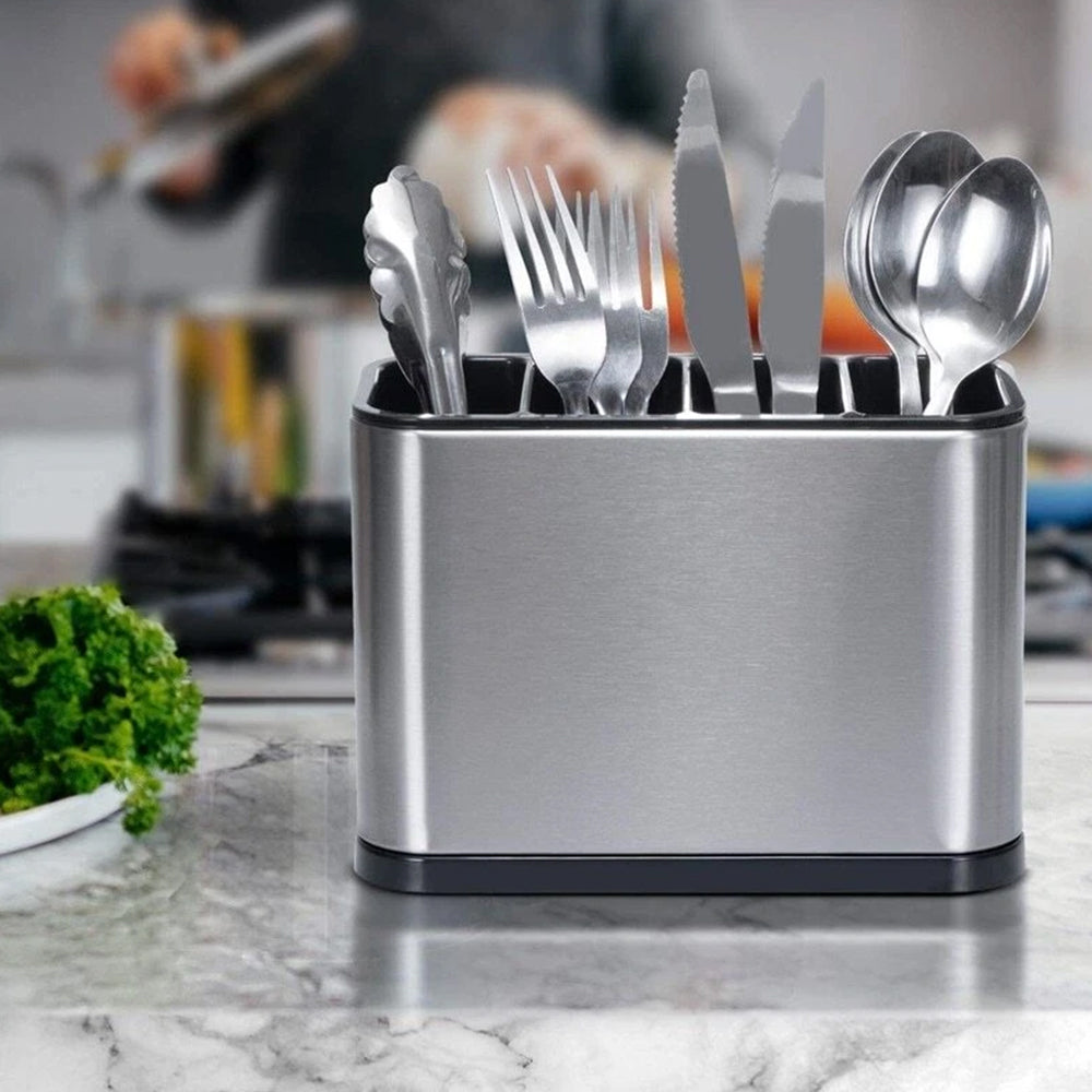 Stainless Steel Cutlery Organizer - Kitchen Utensil Holder with Drain & Compartments