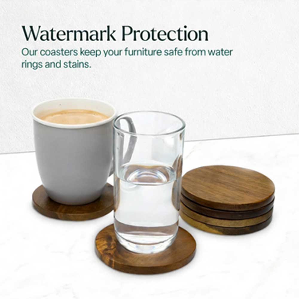 Set of 6 Wood Coasters - Round Wooden Drink Mats for Coffee & Tea
