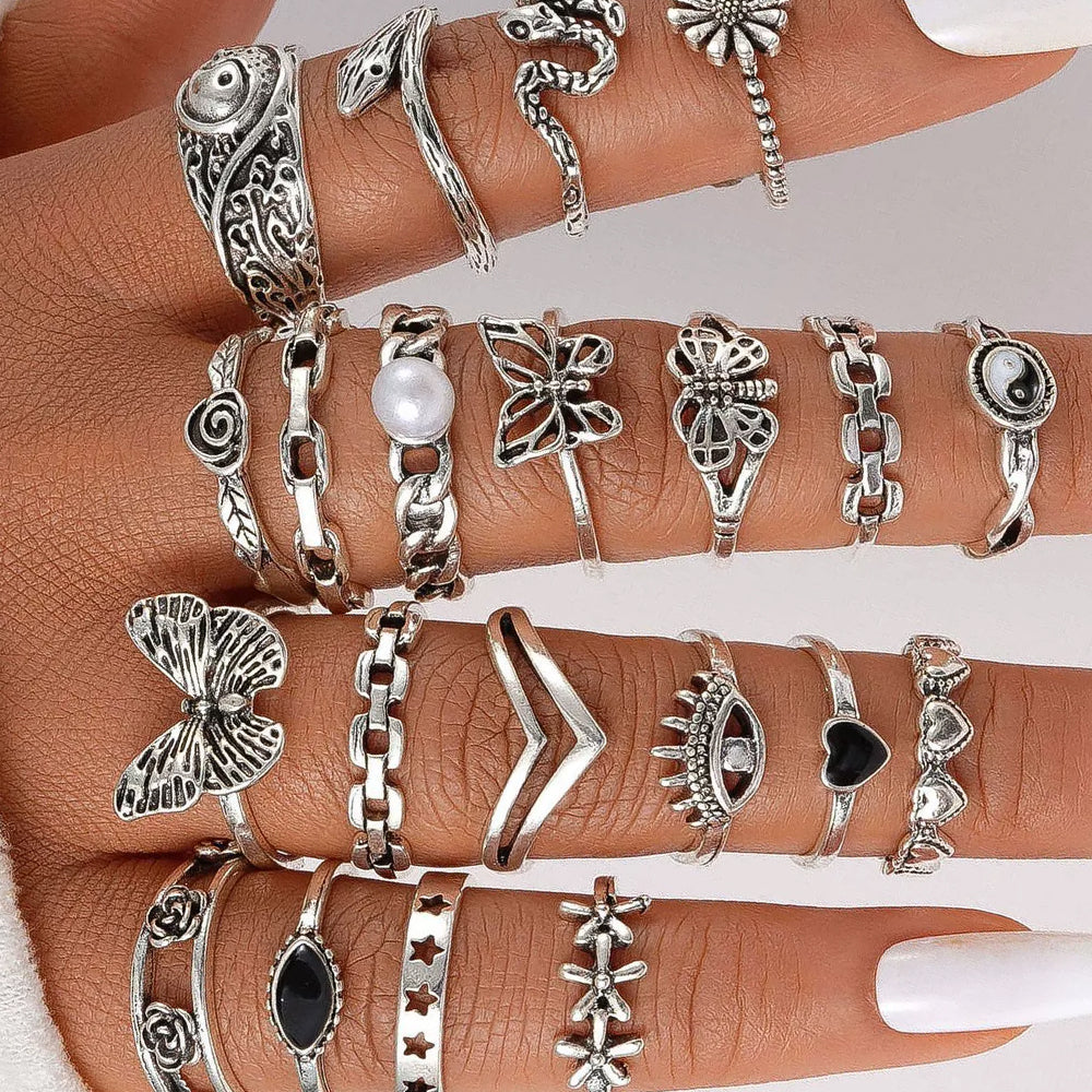 21PCS Stackable Rings – Retro Bohemian Geometric Inlaid Ring Set for Women