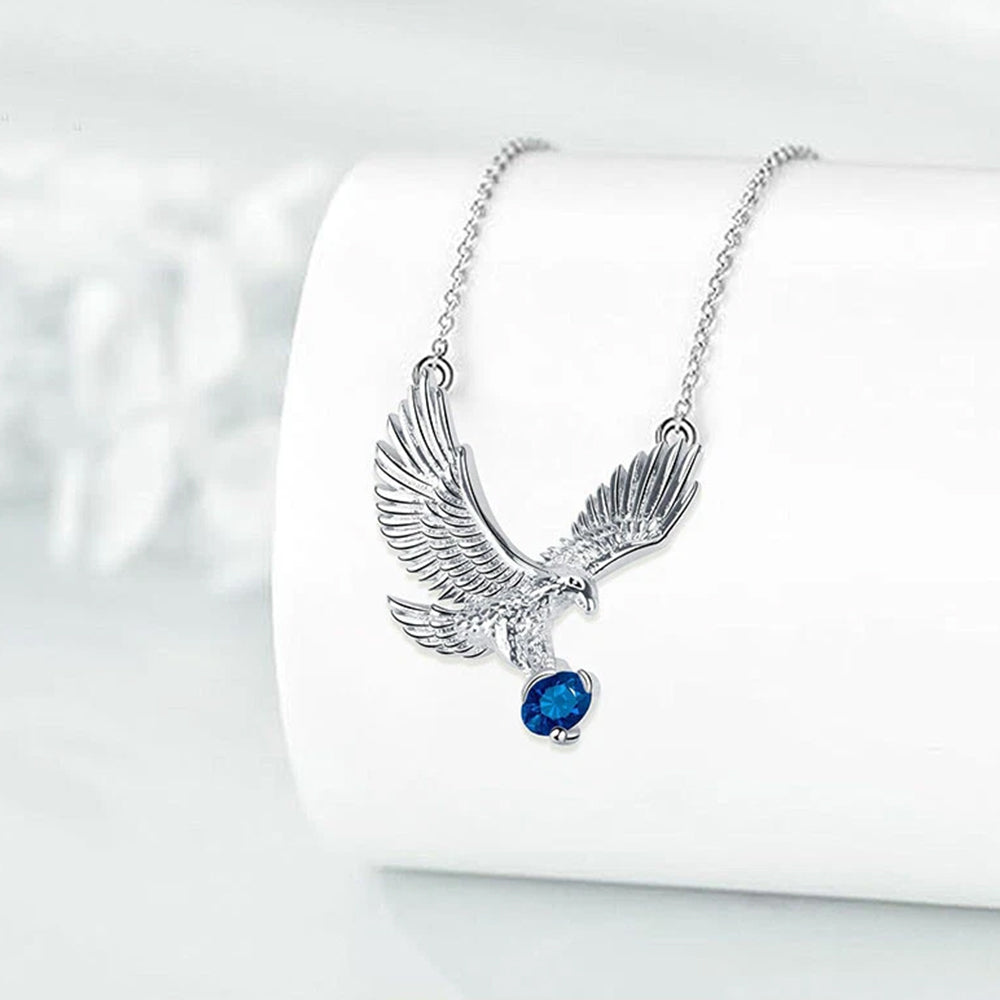 European Style Eagle Pendant Necklace for Women - Silver Plated Chain with Blue CZ Stone