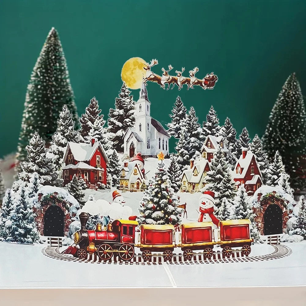 Beautiful 3D Pop-Up Christmas Village Greeting Card – Snowman, Reindeer & Fir Trees Winter Scene