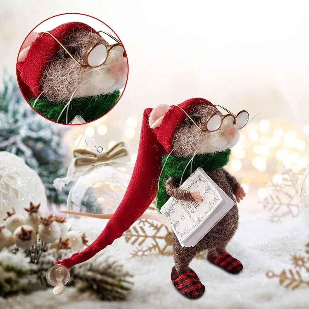 Handmade Needle Felted Christmas Mouse Ornament - Cozy 10cm Felt Animal Doll for Xmas Tree Decor