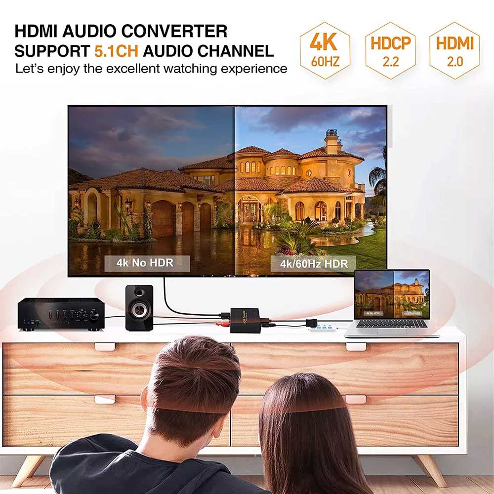 4K 60Hz HDMI to HDMI & Optical SPDIF+RCA L/R Audio Splitter Extractor Converter