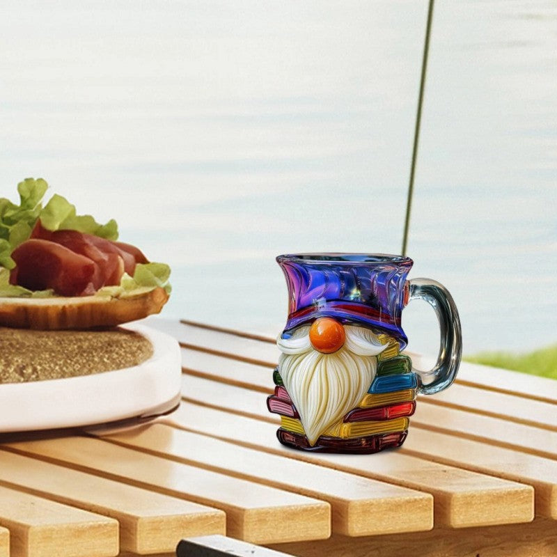 Glass 3D Painted Gnome Book Mug  Stack Coffee Cup Novelty Room Home Decor