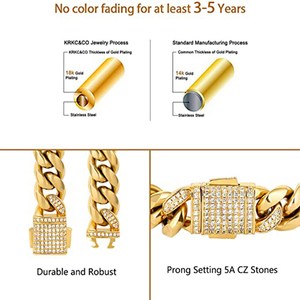Men's Cuban Durable Urban Street-Wear Hip Hop Bracelet 12mm 18k Gold Silver Curb