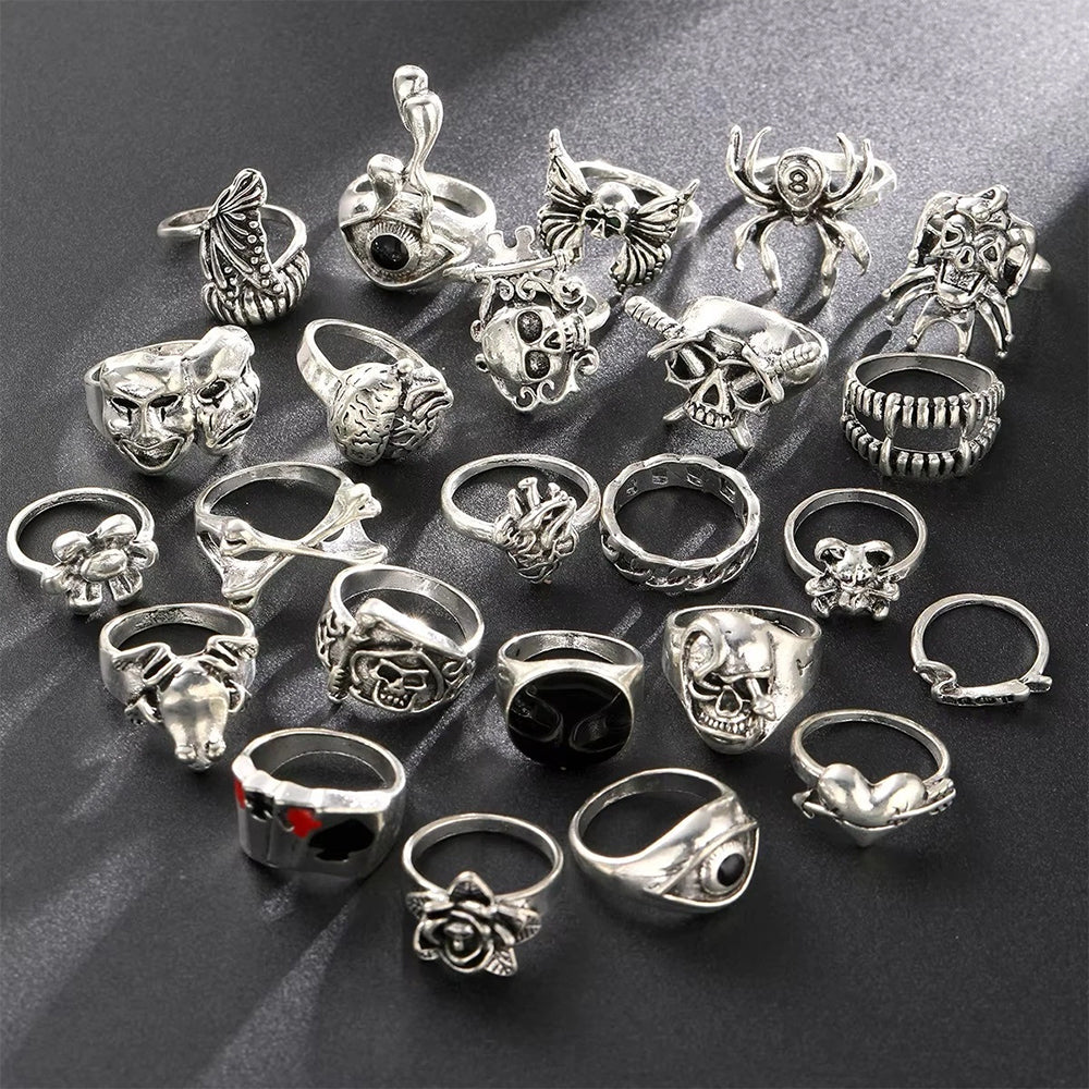 24PCS Gothic Ring Set – Punk Skeleton Skull Rings for Men & Women, Unisex