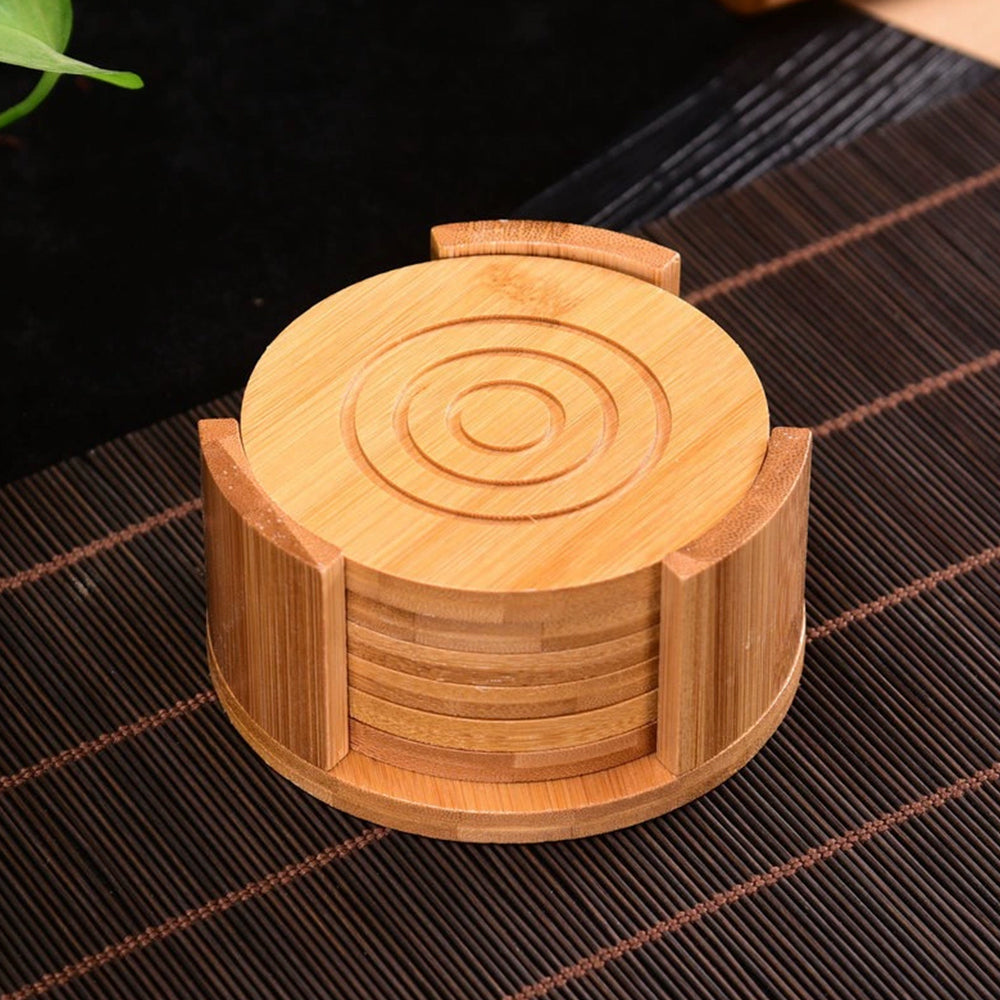6 Natural Bamboo Drink Coasters Set - Round Tea Coffee Cup Mat Holder