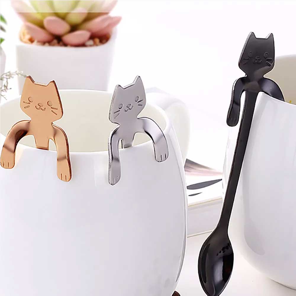 4x Teaspoons Tableware Cat Spoon Tea Cute Cartoon Stainless Steel Ice Cream Coffee