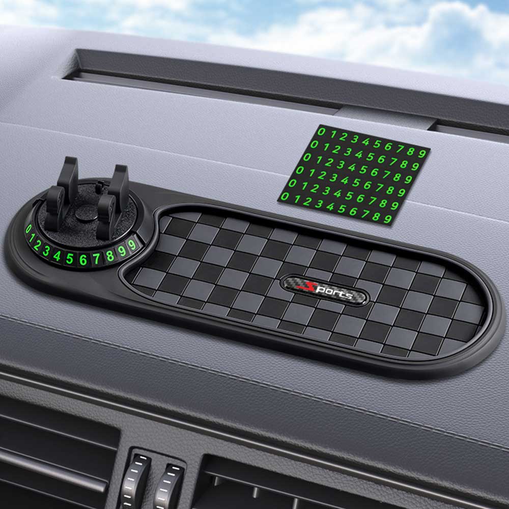 Universal Car Dashboard Anti-Slip Mat with 360° Rotatable Phone Holder & Built-in Parking Number Plate