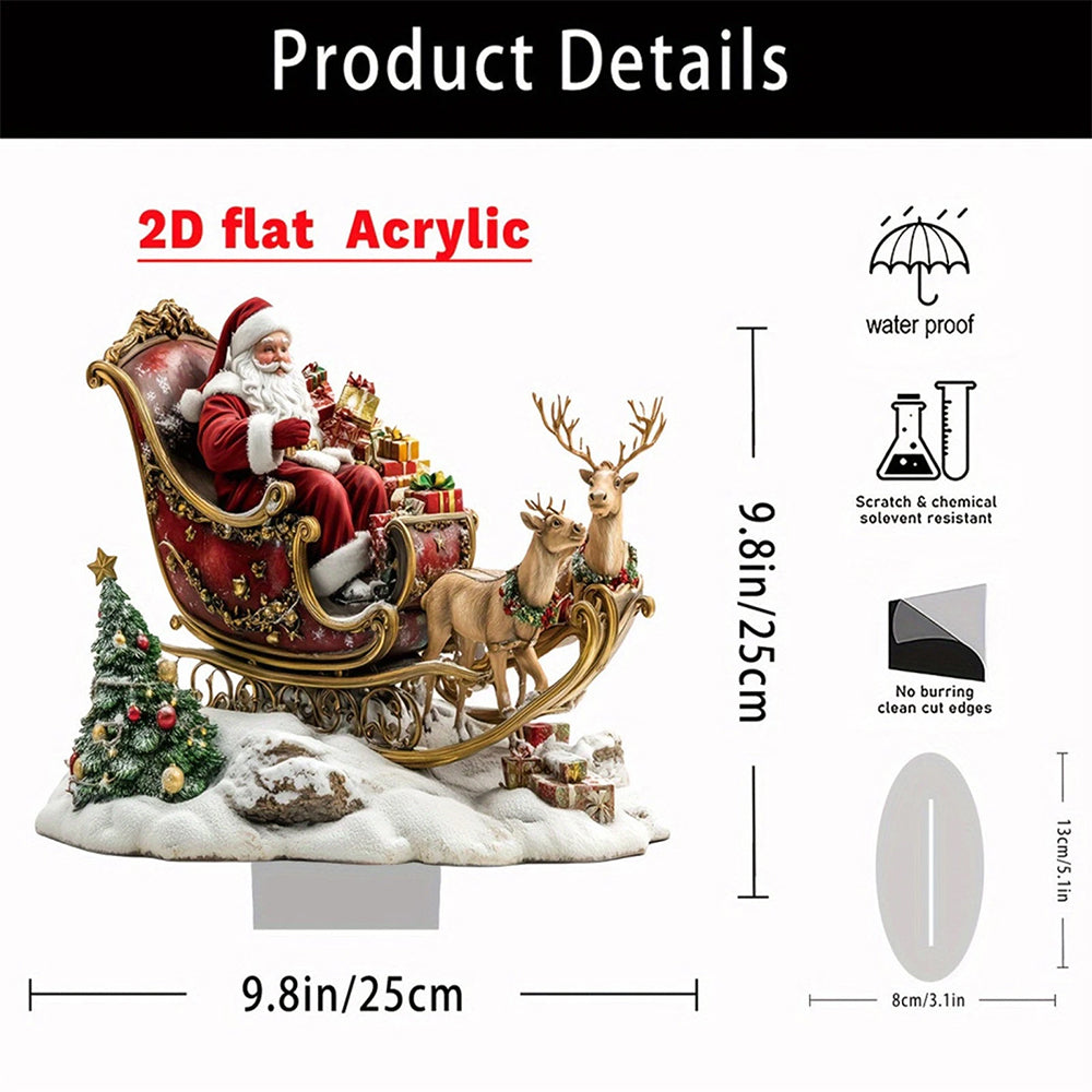2D Santa Claus & Reindeer Sleigh Acrylic Tabletop Decor - 25x25cm Festive Stand Ornament