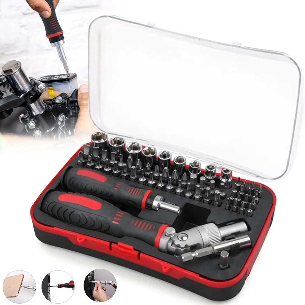 61-Piece Ratchet Screwdriver Set - 1/4" Hex Torx & Socket Kit with Right-Angle Handle