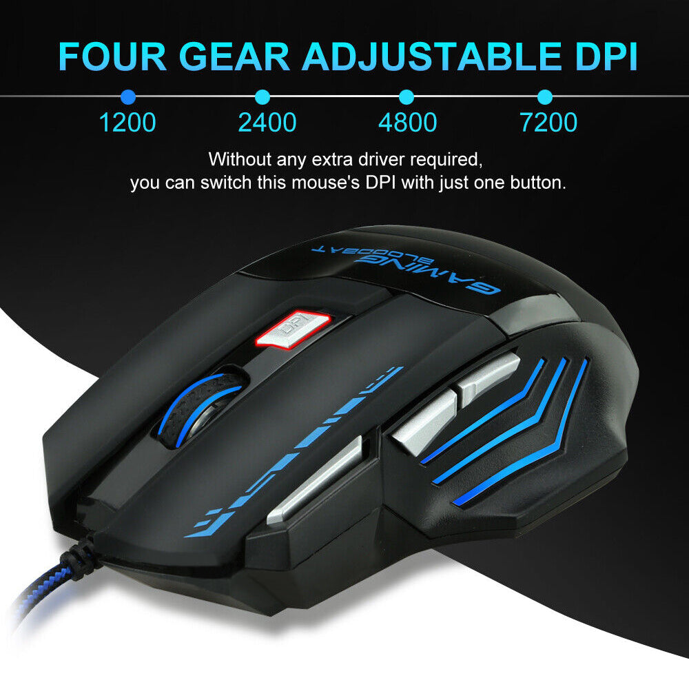 7 Button 7200 DPI LED Wired USB Ergonomic Optical Gaming Mouse For PC Laptop Mac