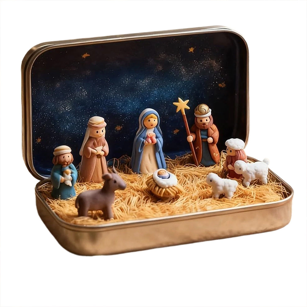 Mini Christmas Nativity Set in Tin Box – Portable 3D Pocket Nativity Scene with Resin Figurines