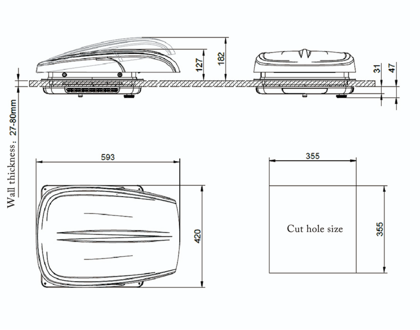 Deluxe Power Lift Caravan Vent Hatch & 12v Fan with Temperature Sensor RV LED