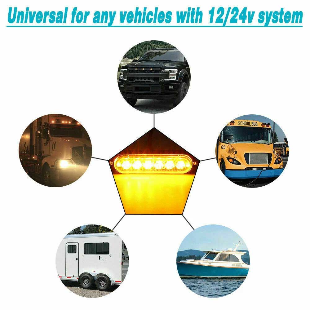 4x 6 LED Amber Strobe Light Bar - 12V Recovery Marker Beacon with 8 Flash Modes