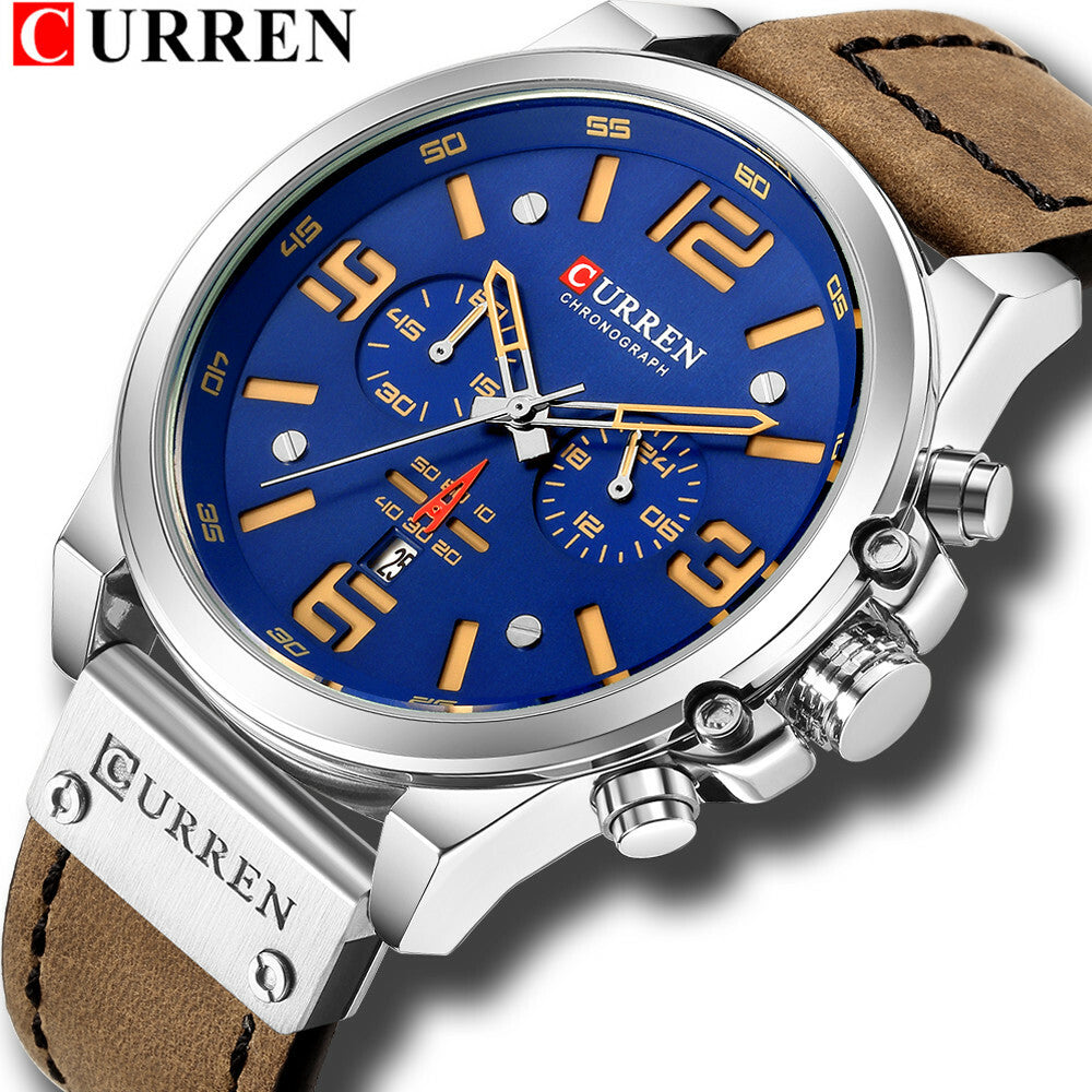 Men's Business Quartz Watch – Leather Chronograph Calendar 47mm Multifunction