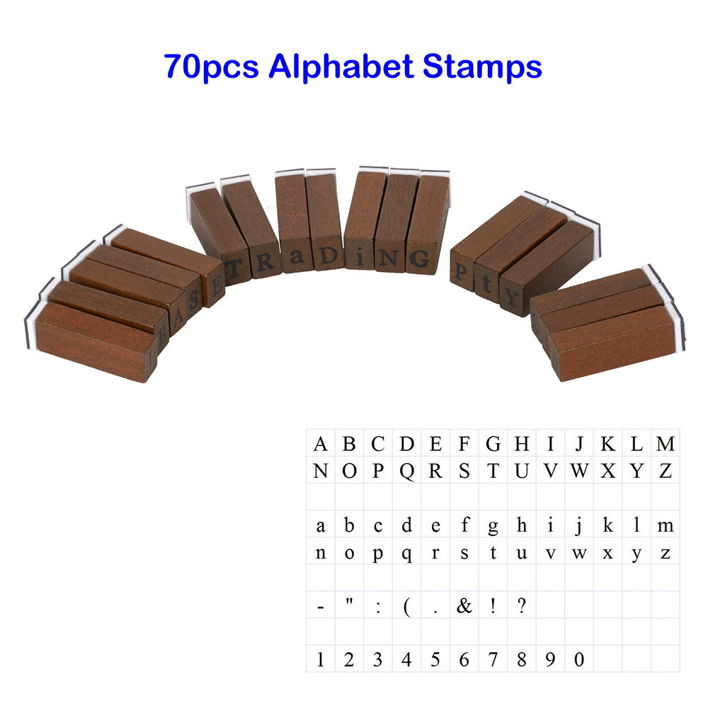 70pcs Wooden Box Rubber Stamps Letter Number Alphabet Antique Vintage Kit