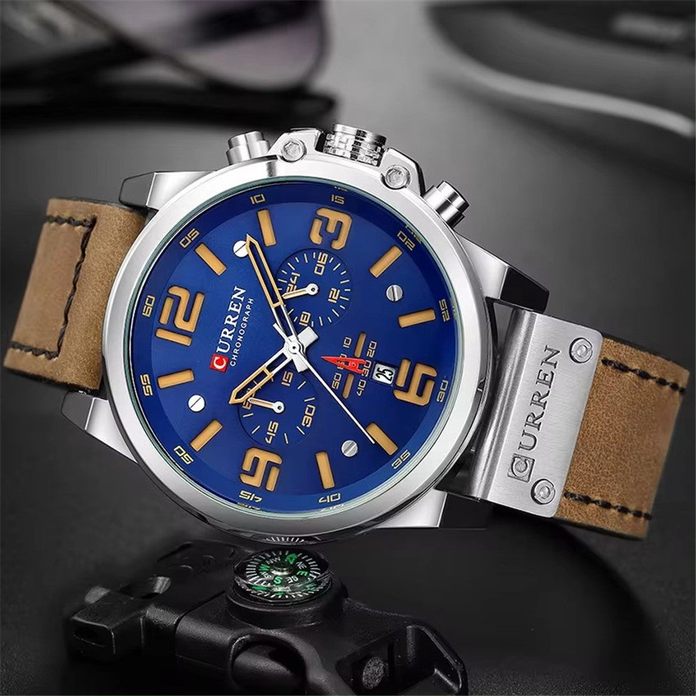 Men's Business Quartz Watch – Leather Chronograph Calendar 47mm Multifunction