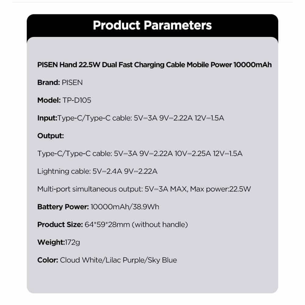 PD 3.0 Mini Fast Charging 22.5W Power Bank 10k (10000mAh) with Build-in Cable PISEN (Blue)