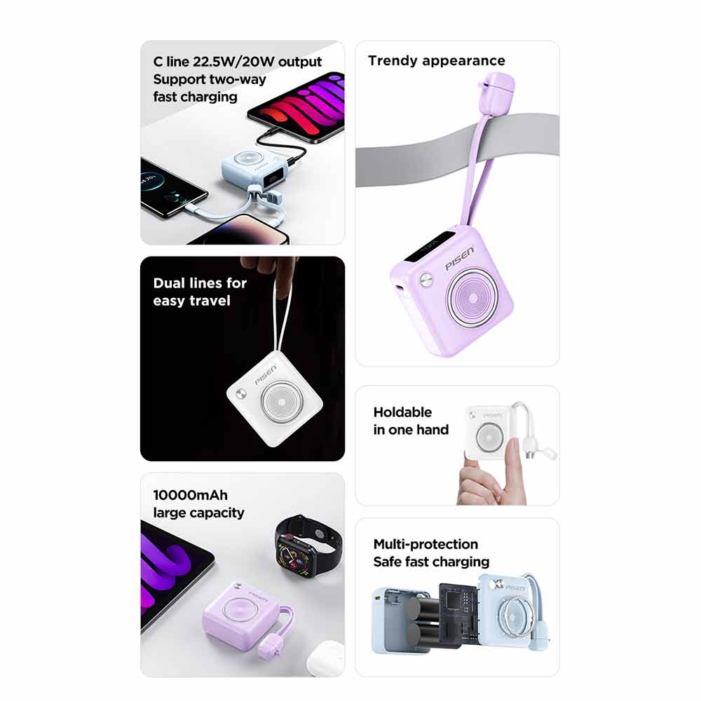 PD 3.0 Mini Fast Charging 22.5W Power Bank 10k (10000mAh) with Build-in Cable PISEN (Blue)