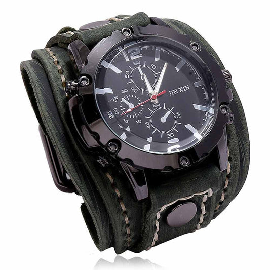 Men Punk Quartz Cuff Watch Wristwatch Military Retro PU-Leather Strap Watch