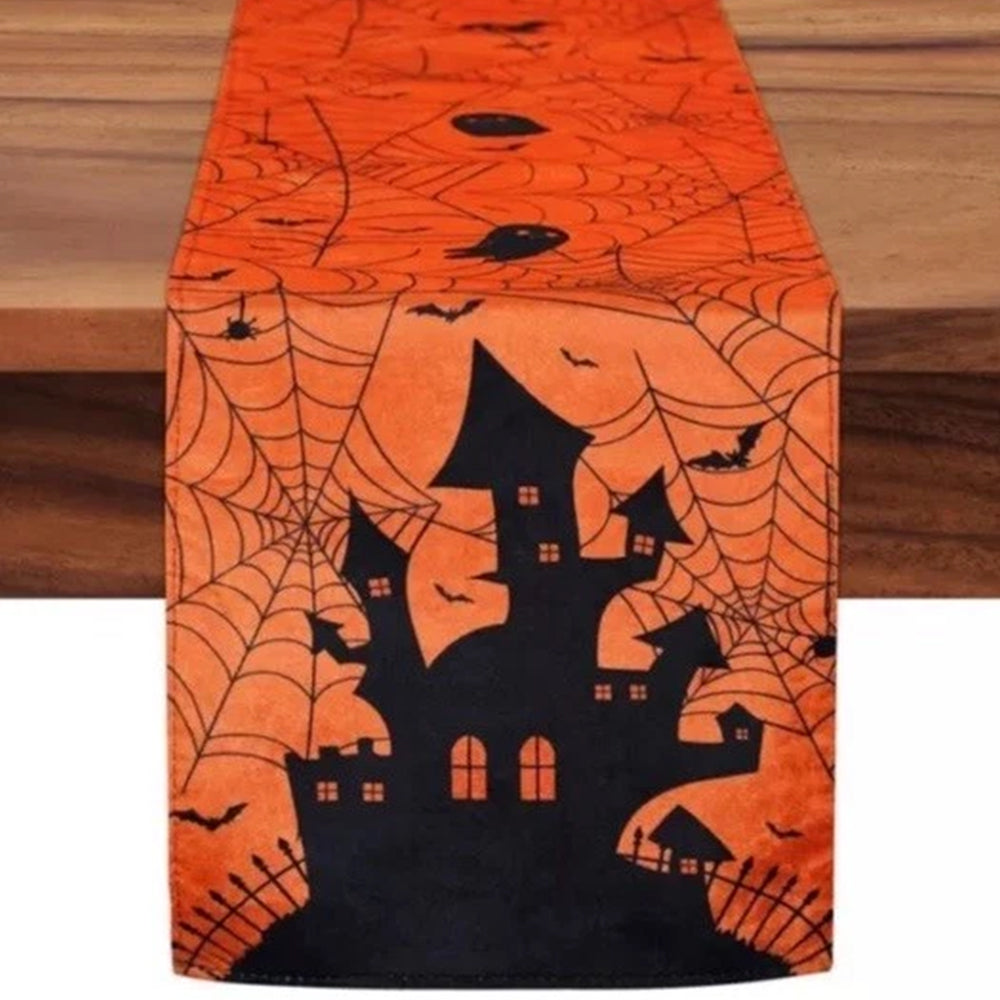 Halloween Table Runner Orange Autumn Kitchen Dining Cobweb Castle 275*33cm