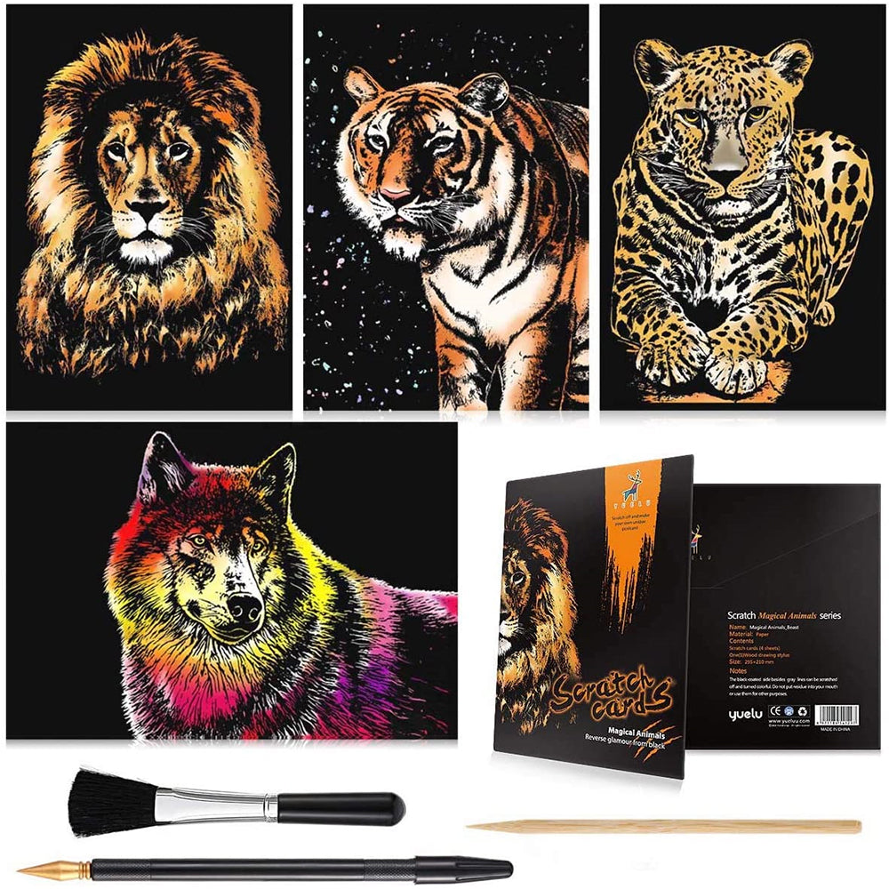 4PCS Scratch Art Rainbow Paper A4 for Adults and Kids DIY Art Craft Painting Scratchboard
