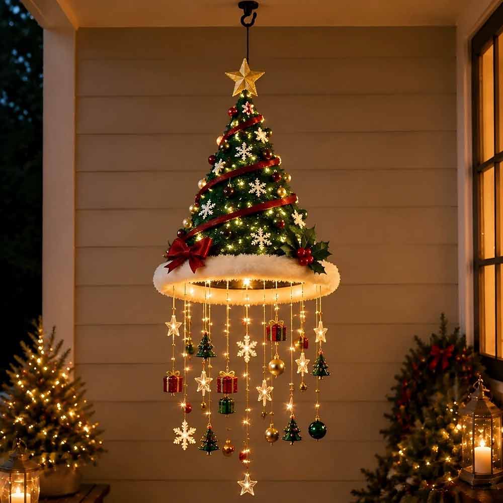 LED Santa Hat Decoration – Hanging Chandelier Light with Star Tassel for Christmas