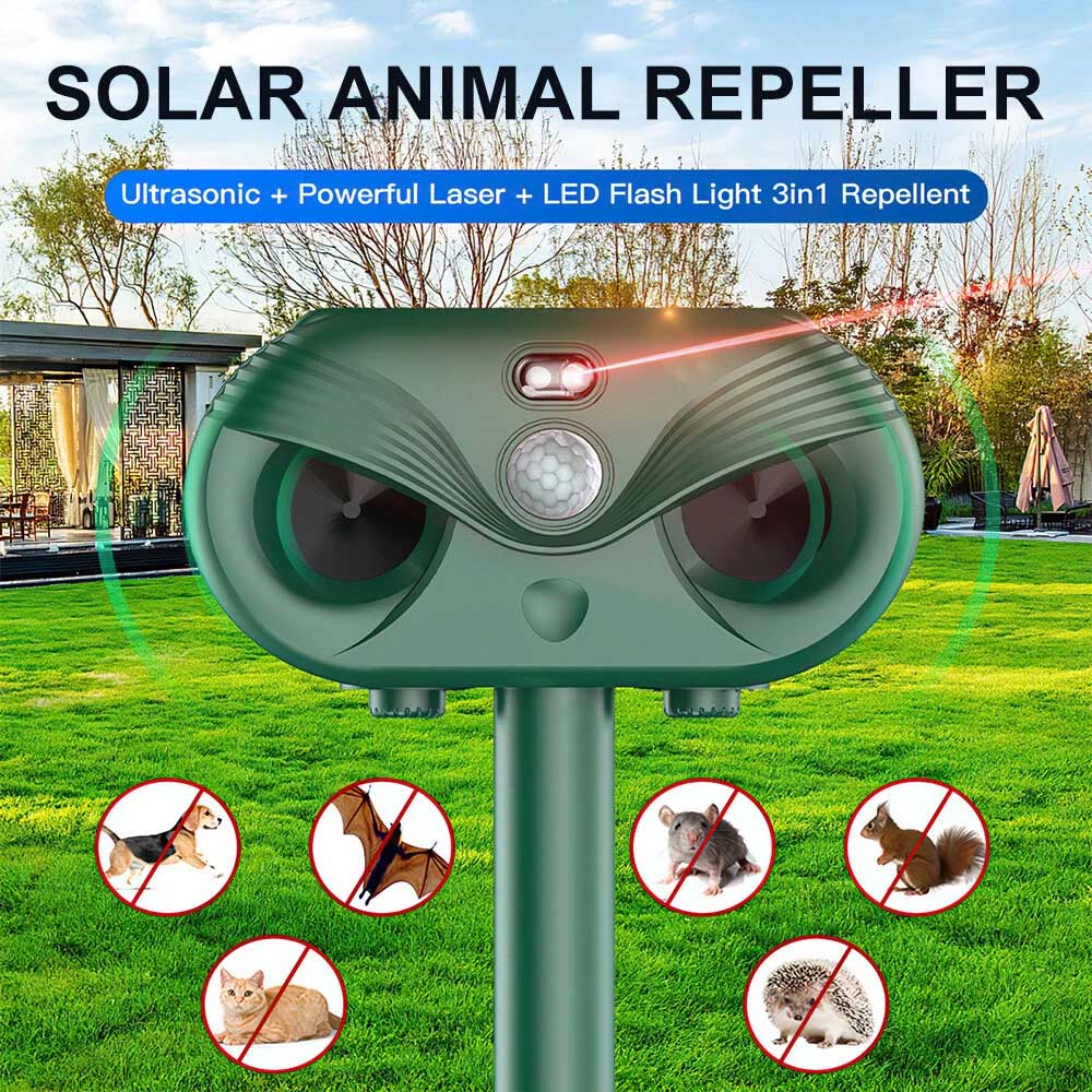 Ultrasonic Solar Cat Dog Repellent Fox Pest Scarer Deterrent Repeller Garden