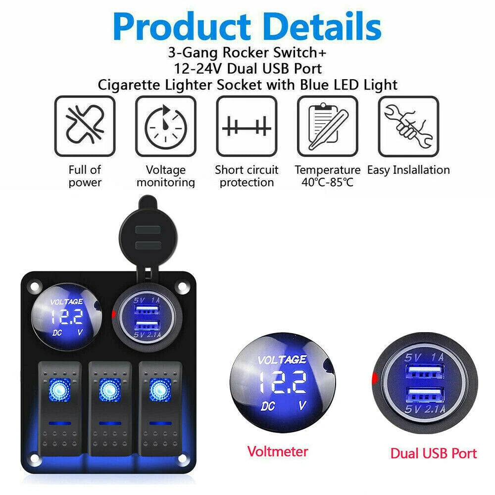 3 Gang 12V/24V LED Light Switch Control Panel USB Charger Car Boat RV Waterproof