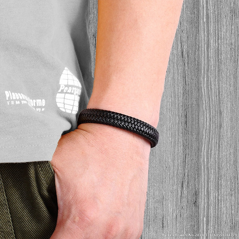 Mens Leather Braided Wristband Bracelet Stainless Steel Magnetic 6mm Black 21CM