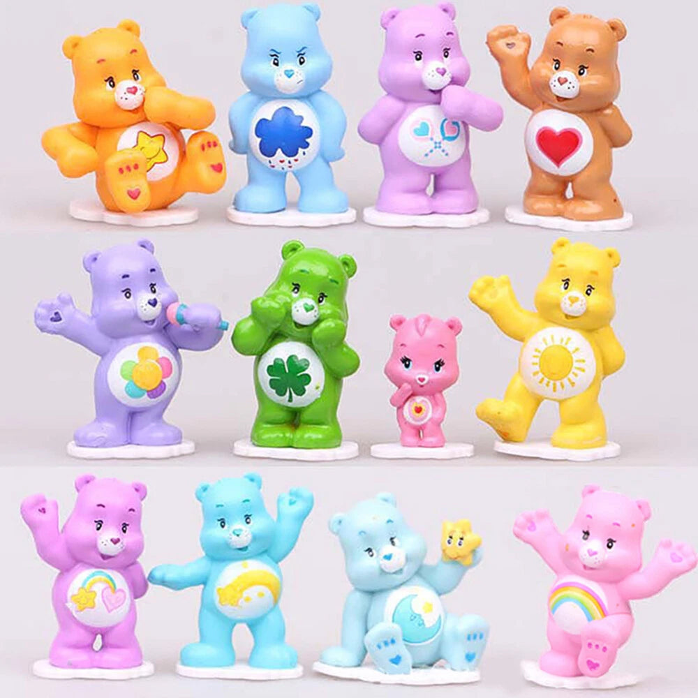 12Pcs Rainbow Care Bears Figure Set - Cute Cake Topper Decor, Collectible Dolls & Car Ornaments