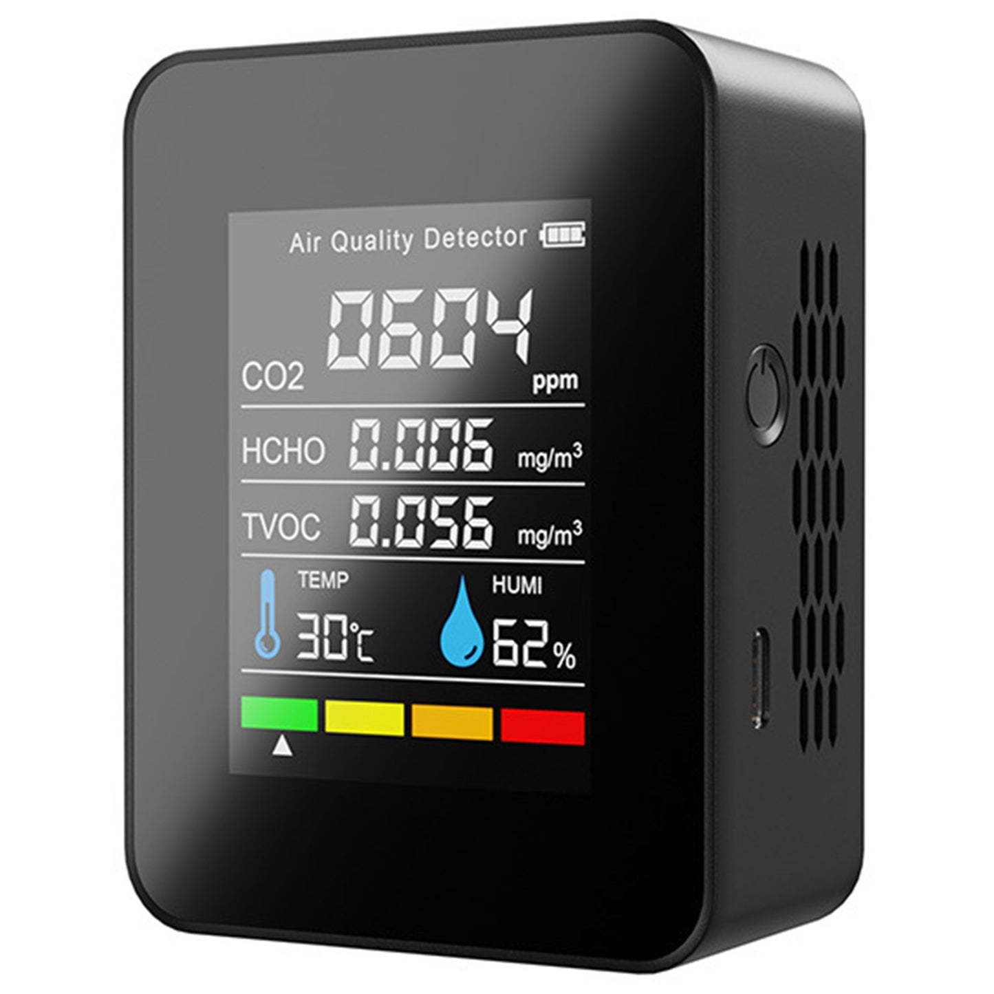 5-in-1 Air Quality Monitor – Portable CO2, HCHO, TVOC, Temp & Humidity Detector with USB-C Recharge
