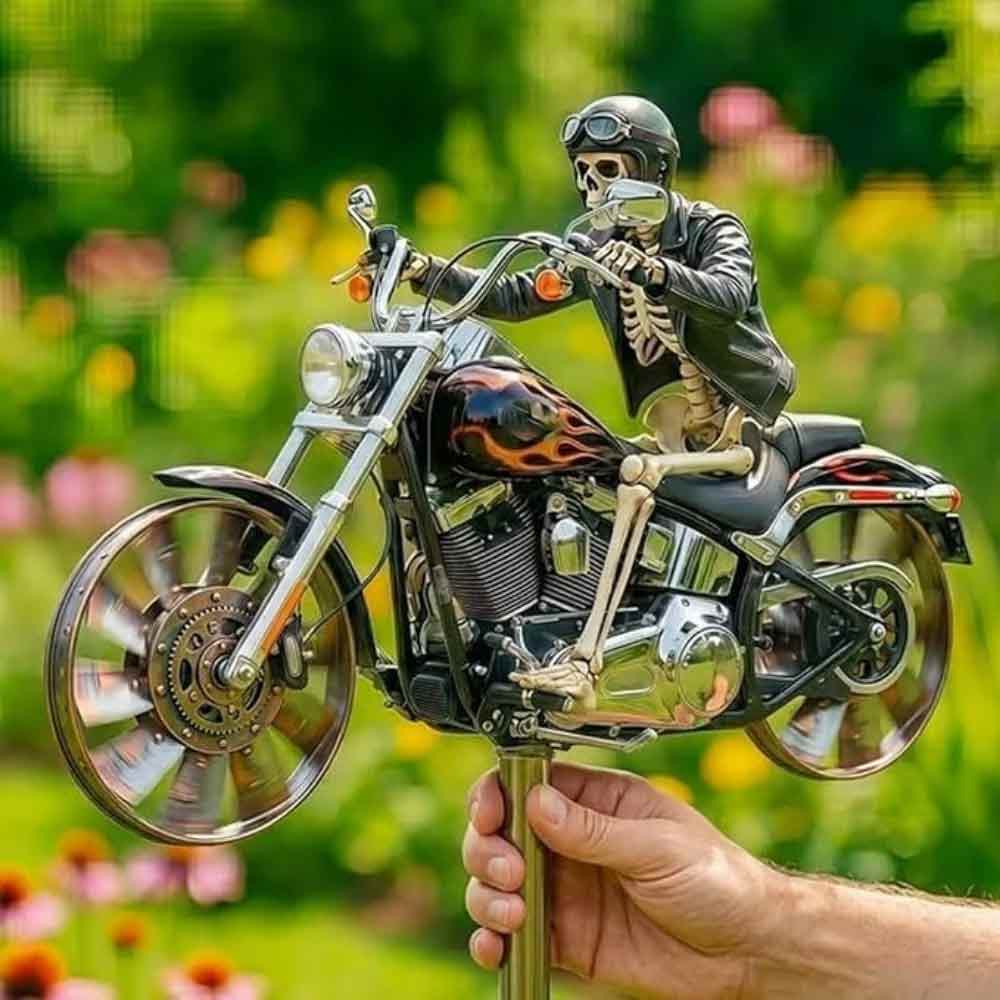 2D Flat Motorcycle Wind Spinner – Yard Garden Biker Windmill Stake with Rotating Wheels